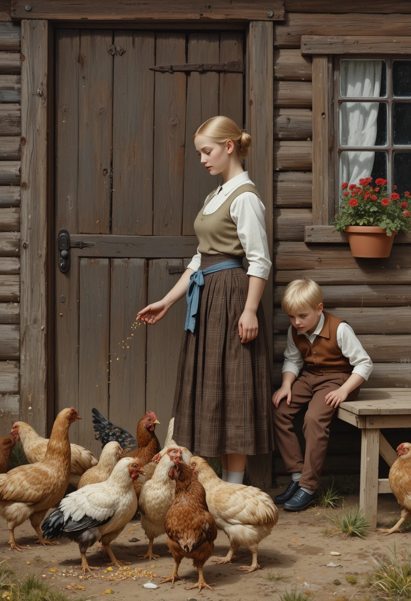 Girl feeding chickens beside rustic wooden farmhouse door
