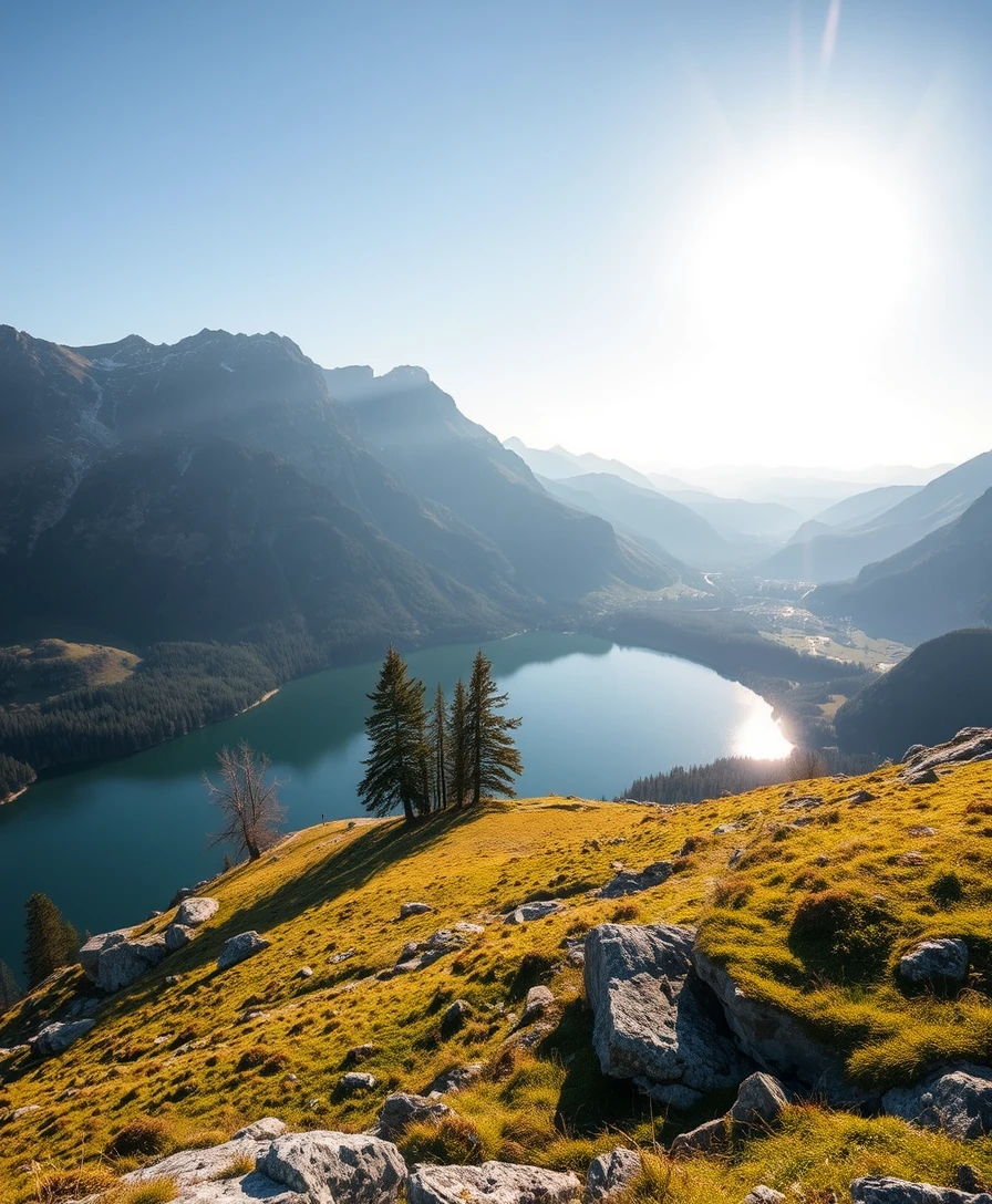 Paesaggio soleggiato di lago di montagna svizzero all’inizio della primavera