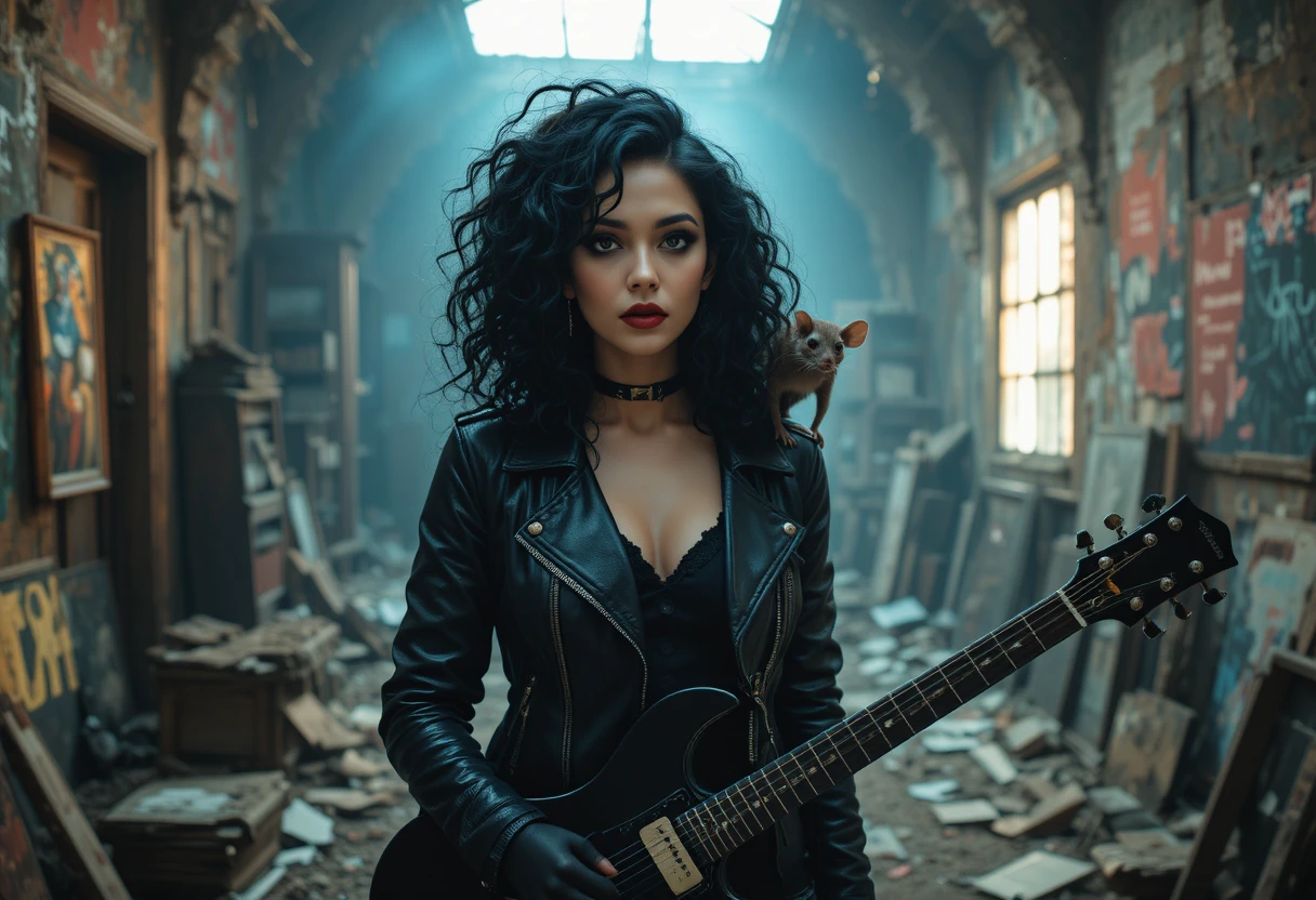 Mulher gótica com guitarra em estúdio escuro em ruínas