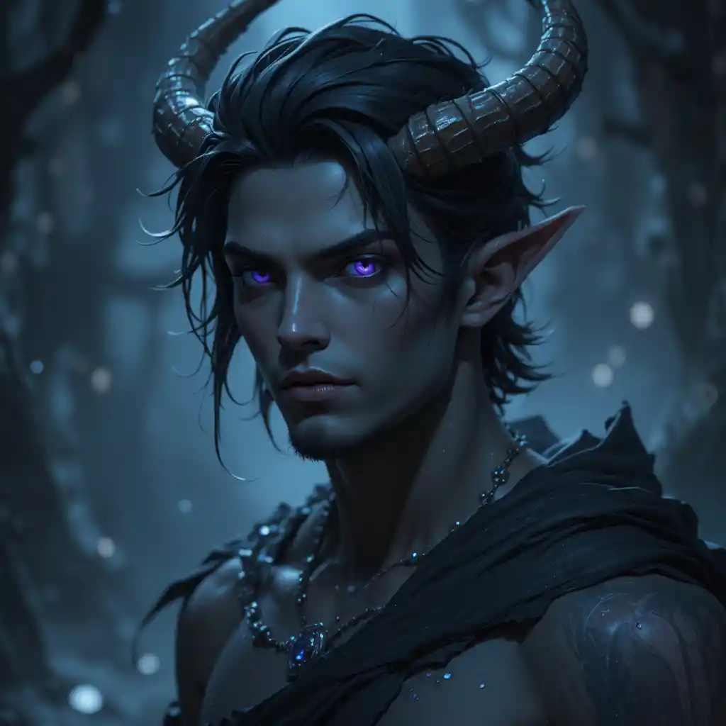 Dunkelhäutiger Fantasy-Gott mit violetten Augen und schwarzem Haar
