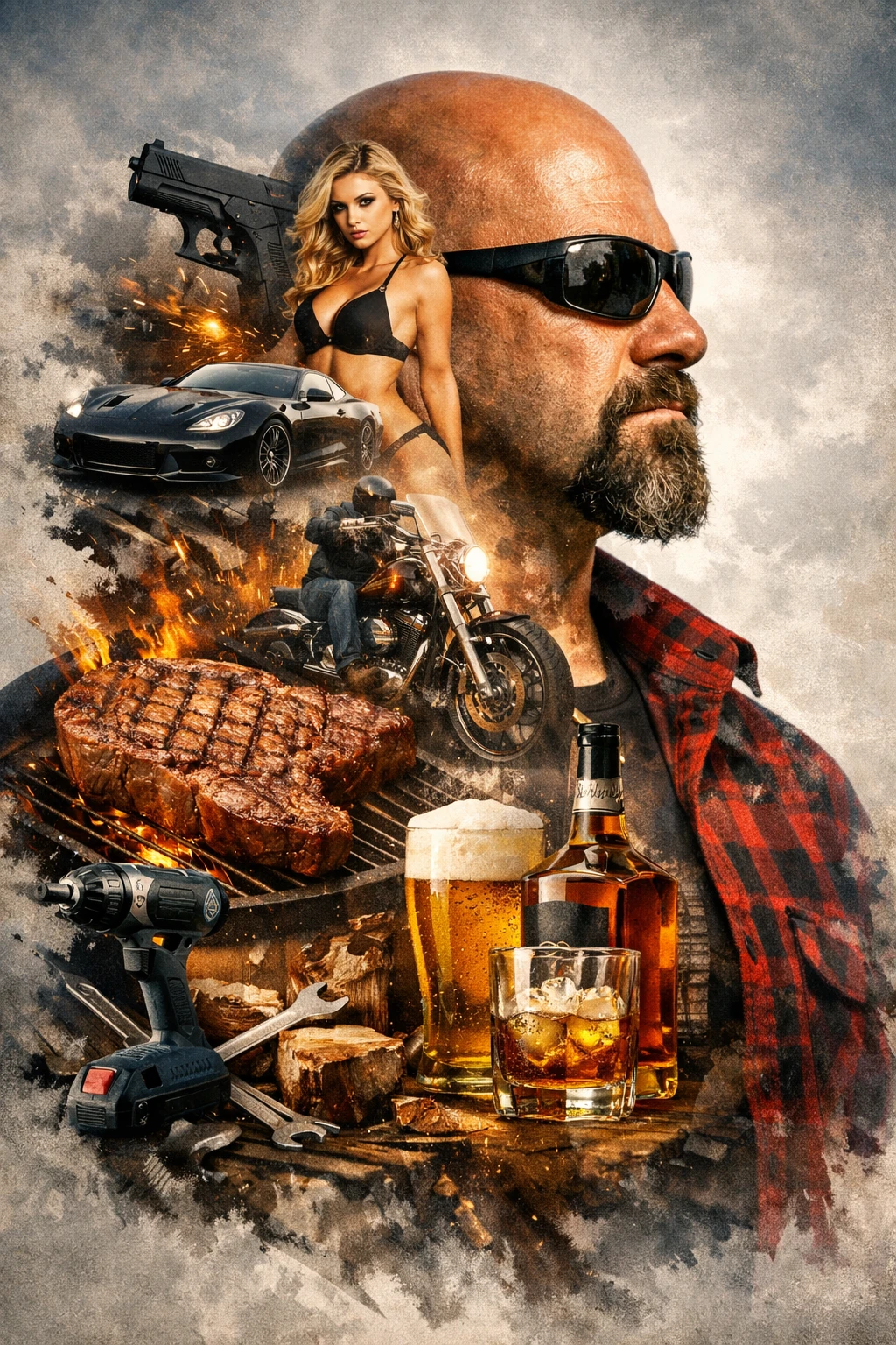 Double exposure portrait of a tough bald man in flannel