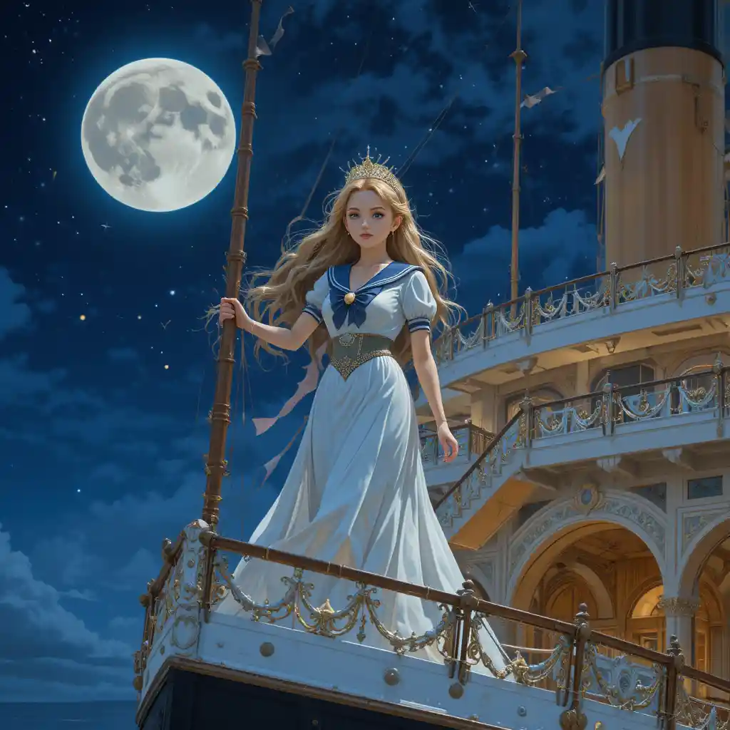 Heroína de anime na proa de um grandioso navio transatlântico