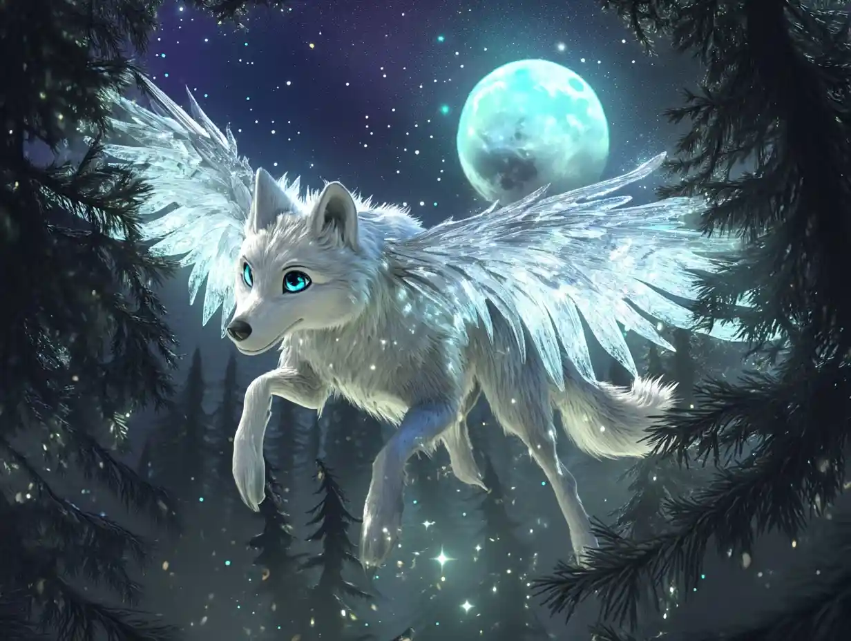 Loup argenté ailé bondissant à travers la forêt au clair de lune