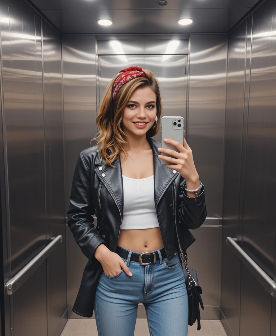 Donna stilosa si fa un selfie allo specchio in un ascensore moderno