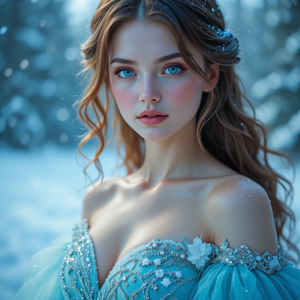 Ragazza mistica in abito blu sotto la neve artica che cade