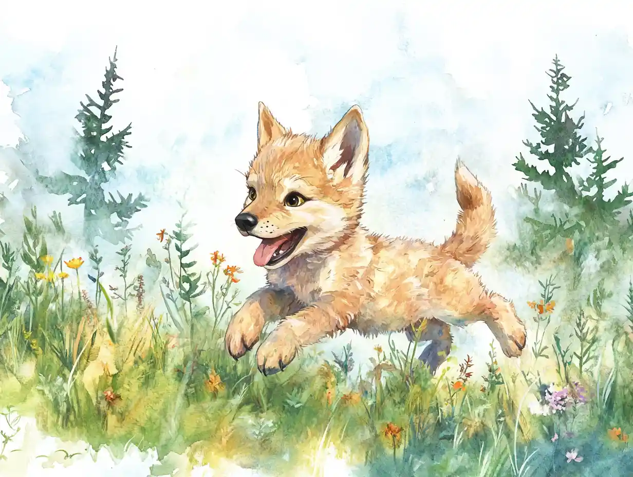 Filhote de lobo brincalhão na grama de verão ao lado de um prado na floresta