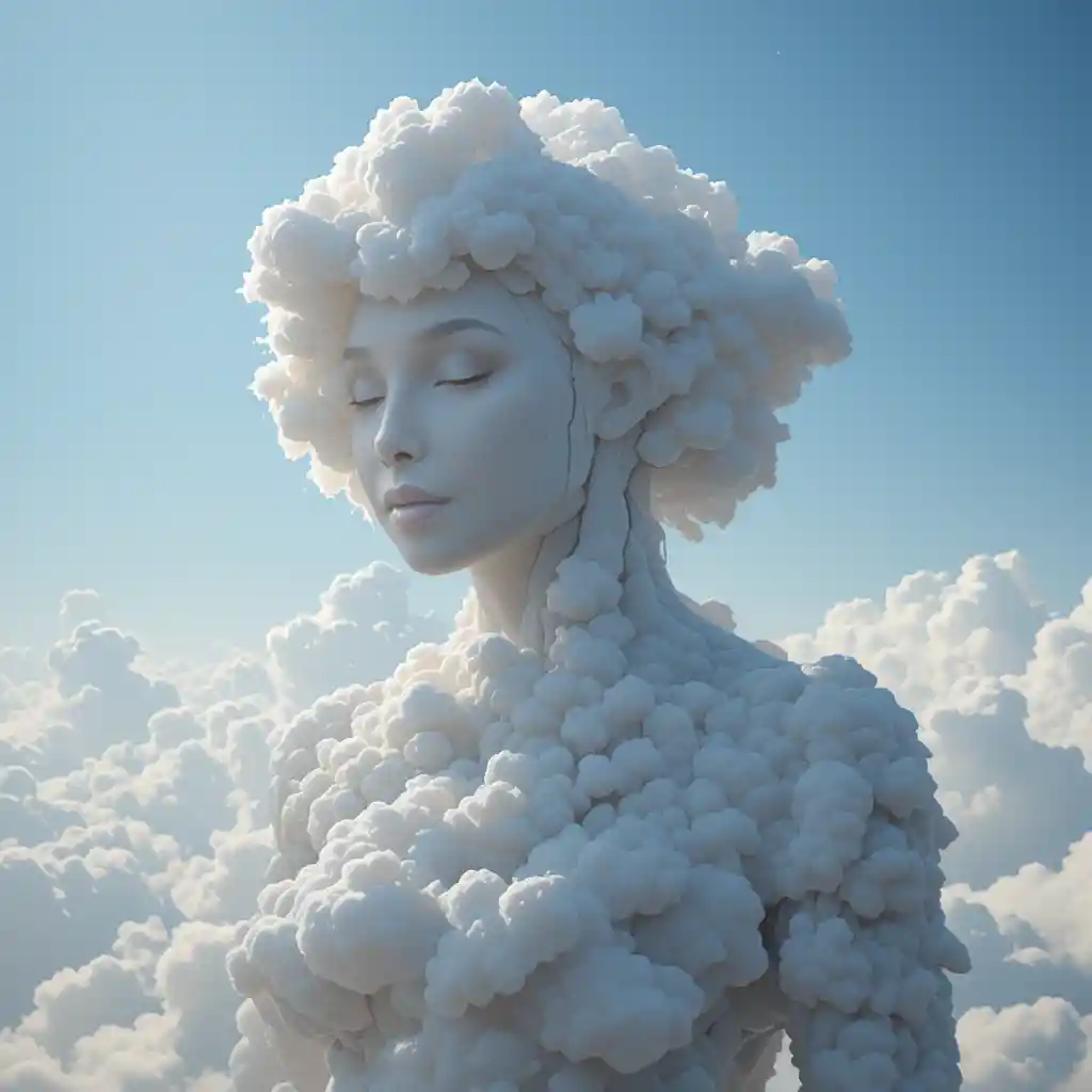 부드럽게 겹친 구름으로 형성된 공허한 인간 실루엣