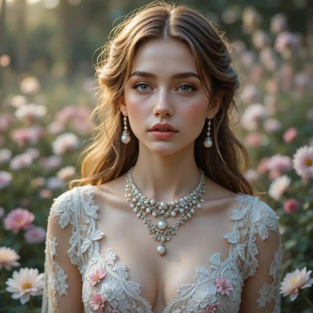 Young woman in lace among pastel flowers at golden hour