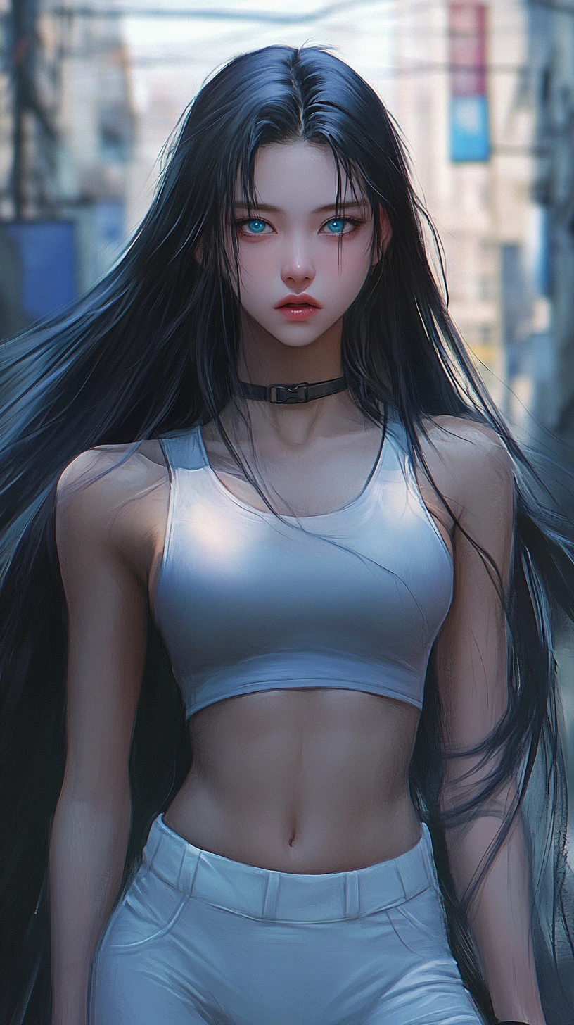 Anime girl in a Baltimore city street with blue eyes