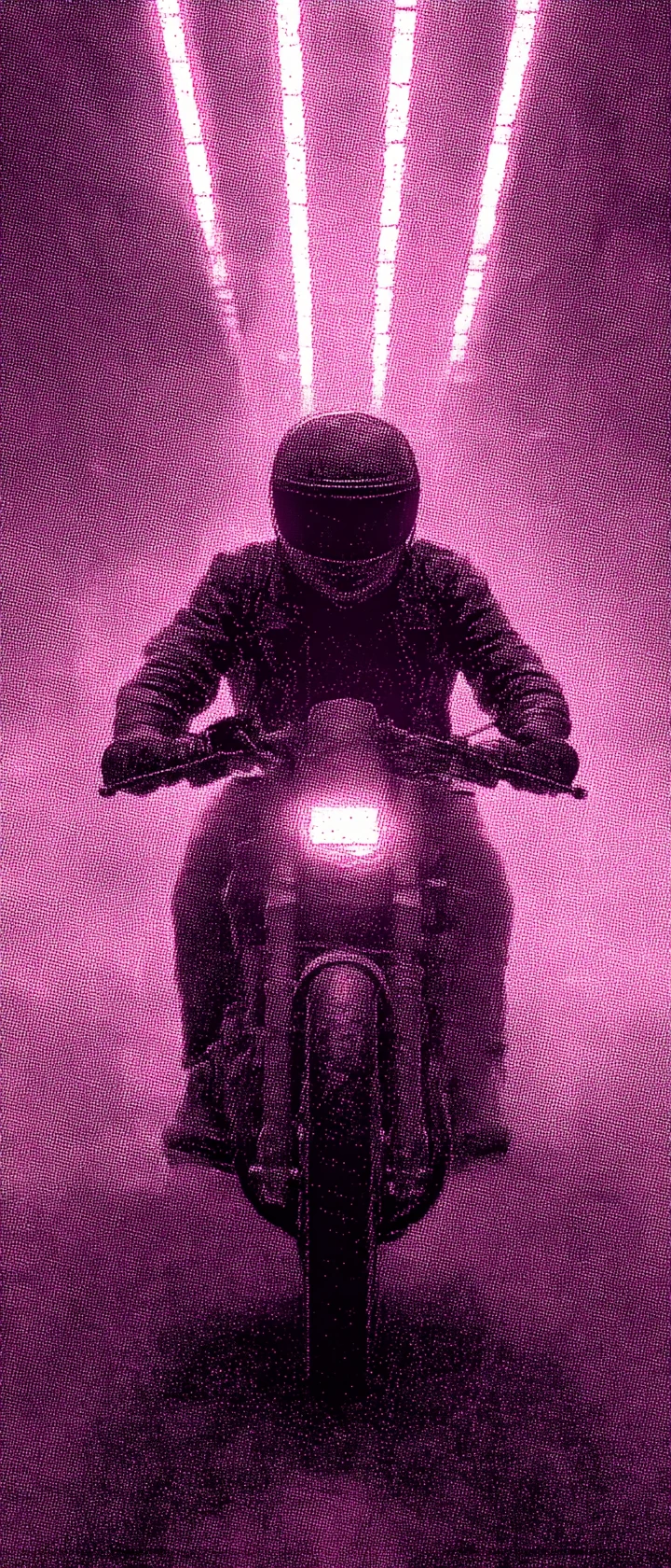 Cavaleiro solitário acelera moto neon por túnel escuro