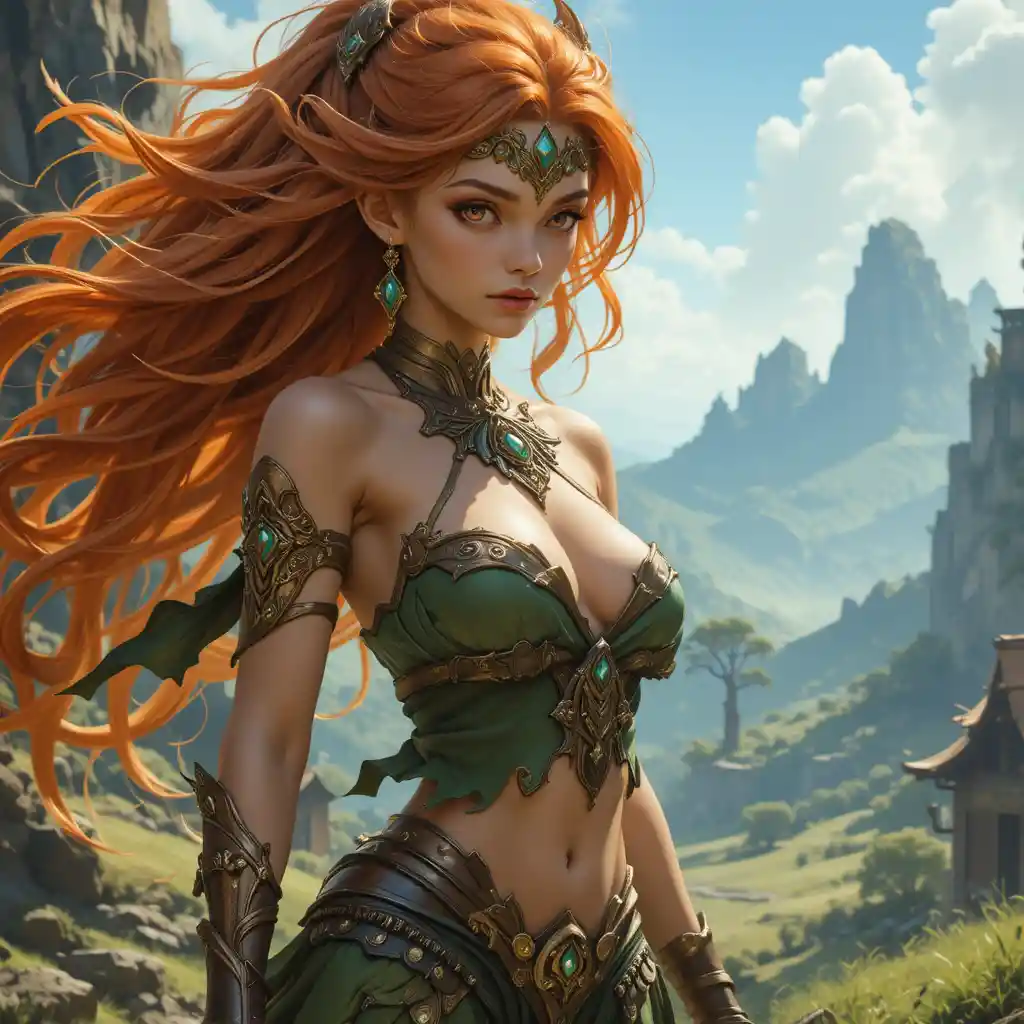 Young red eyed earth goddess in anime fantasy style