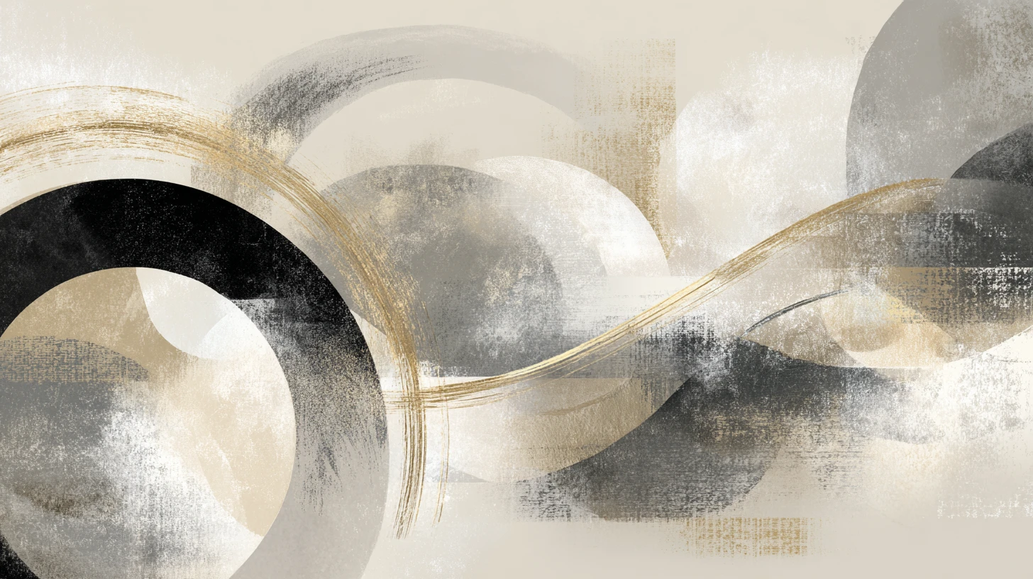 Pintura abstrata minimalista com linhas fluidas e toques de dourado