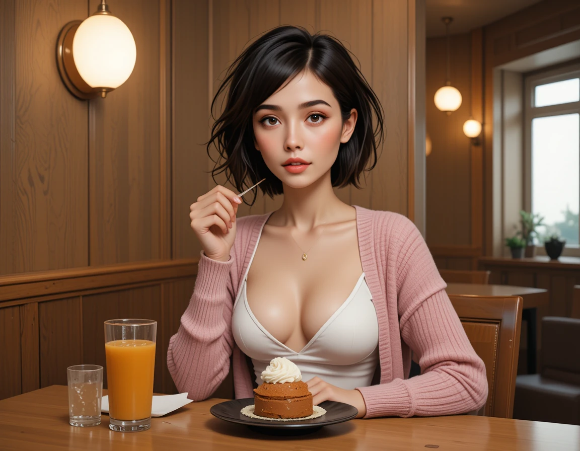 Young asian woman tasting dessert in cozy restaurant