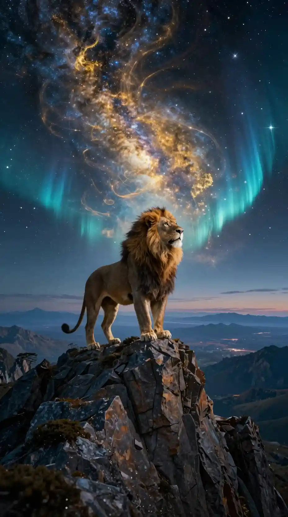 Majestätischer Geisterlöwe über einem leuchtenden kosmischen Berg