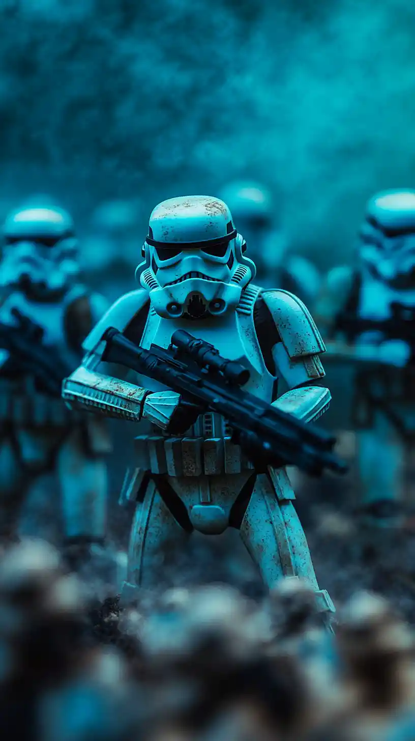 Gepanzerte Sci-Fi-Soldaten in Blau im dichten Nebel