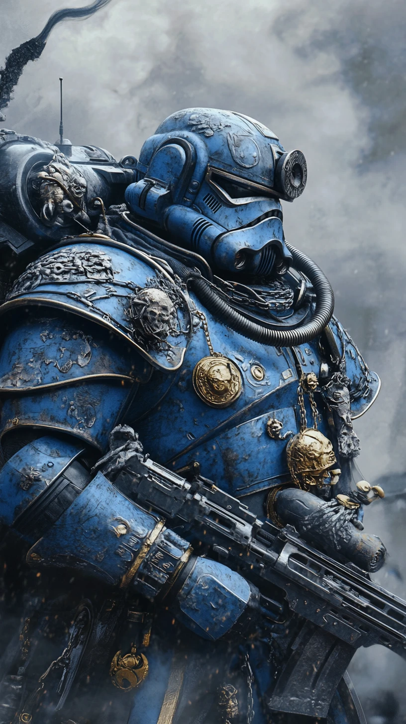 Exército de stormtroopers blindados emergindo de uma densa névoa azul