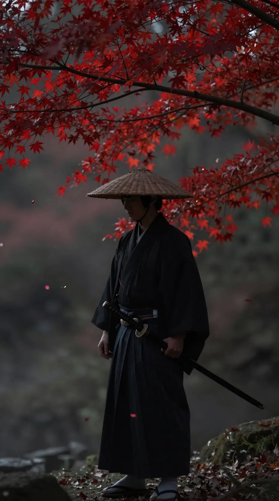 Samurai steht schweigend unter roten Ahornblättern