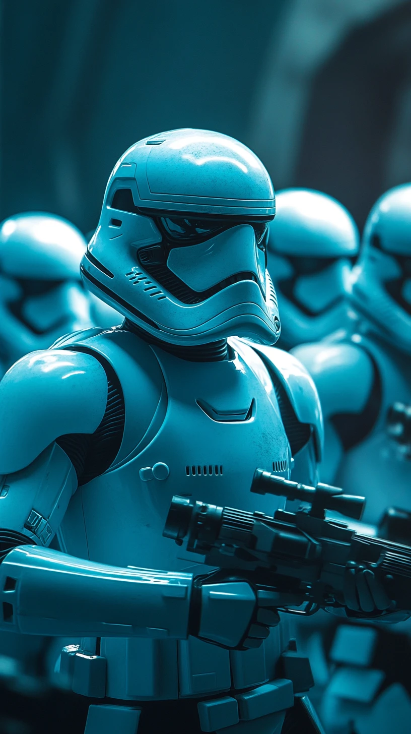 Armored stormtrooper legion emerging from dense eerie mist