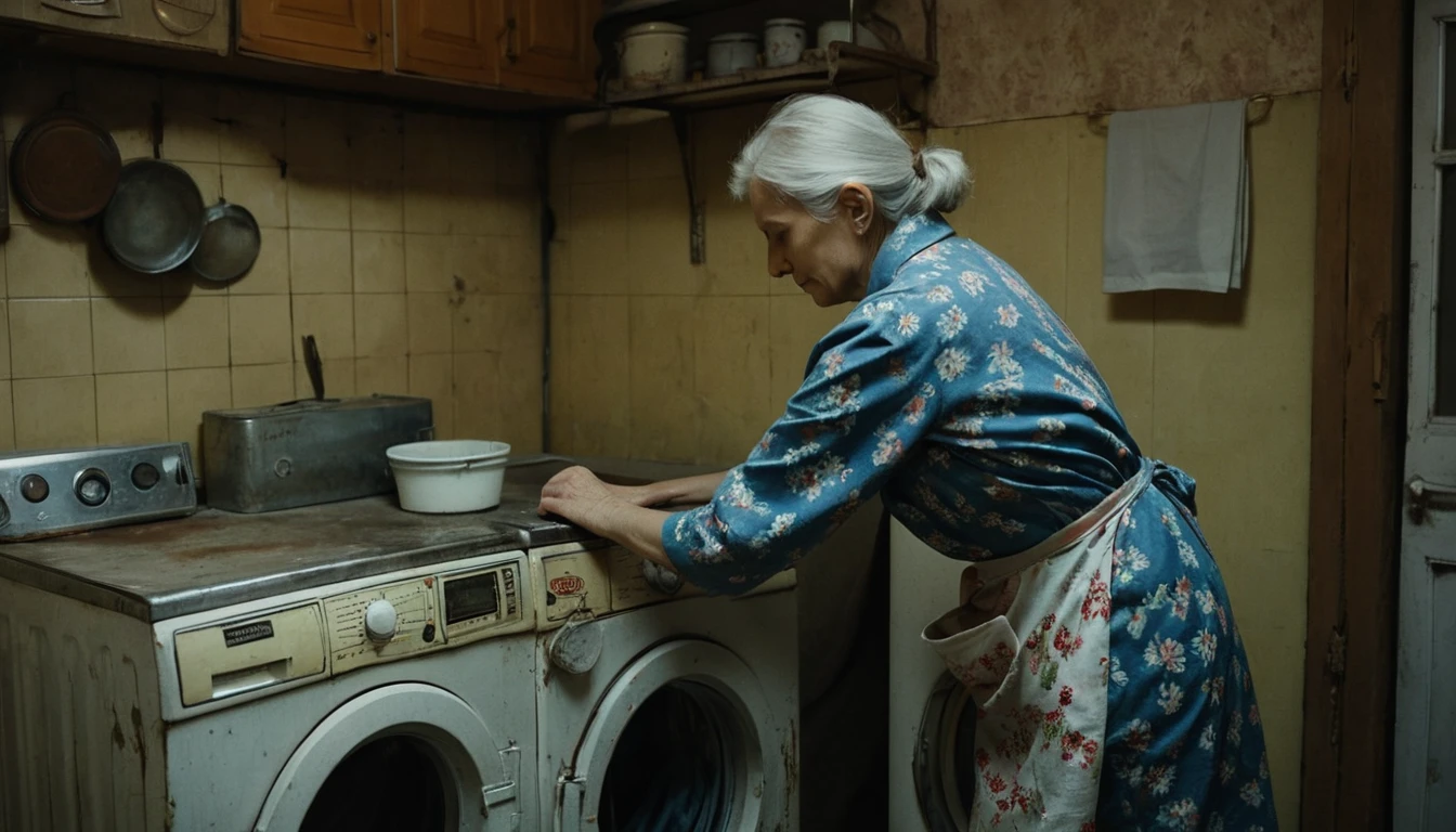 Anziana che Lava il Bucato in una Cupa Cucina dell’Era Sovietica