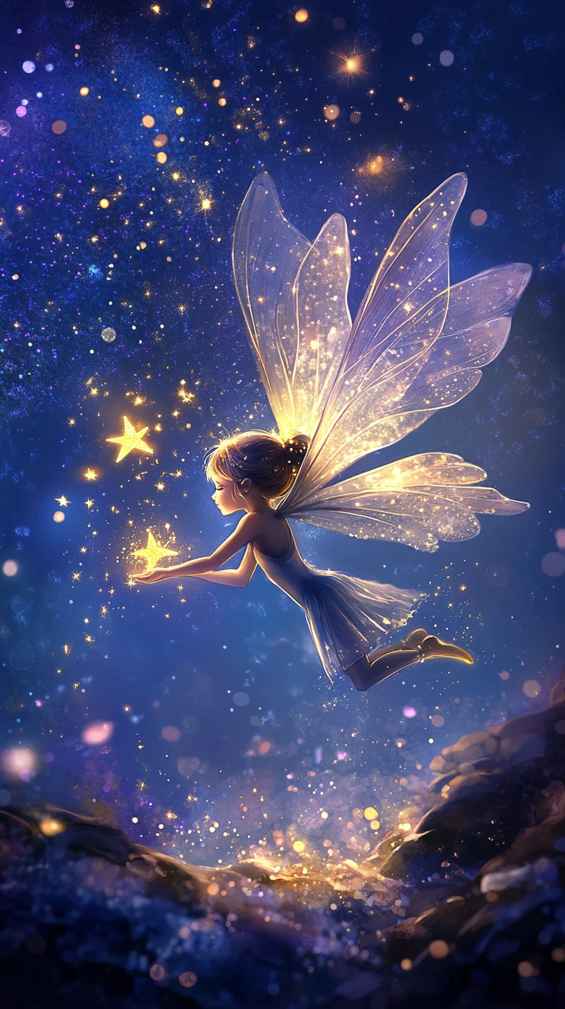 Fairy casting golden starlight in a dreamy night sky