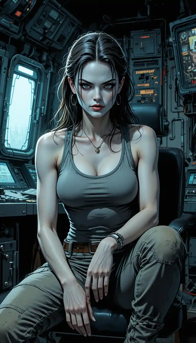 Tough Alien Woman In Dim Control Room Interior
