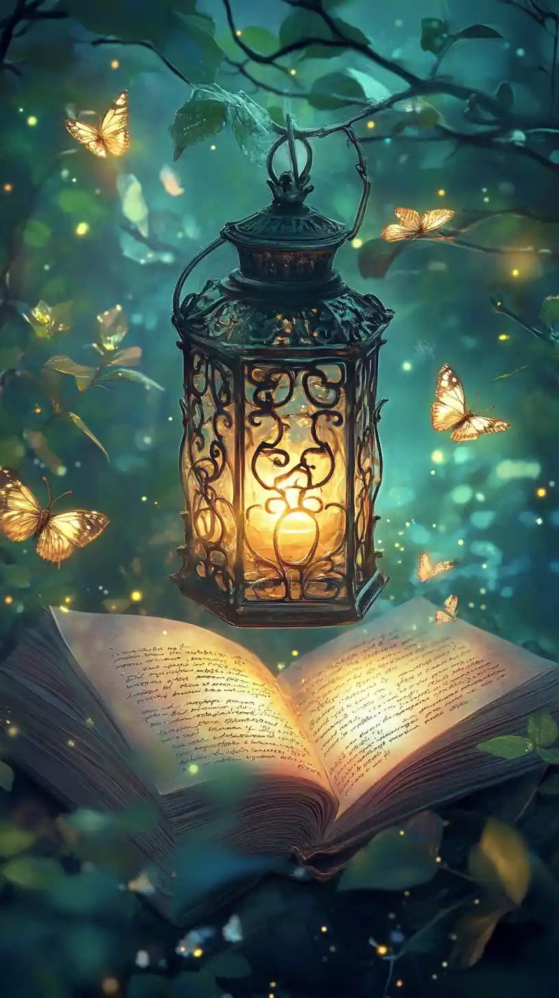 Lanterne Lumineuse sur Livre d’Histoires Ouvert dans une Forêt Enchantée