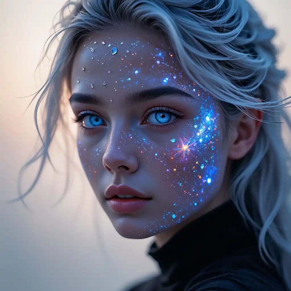 Ethereal young woman with cosmic glowing skin portrait