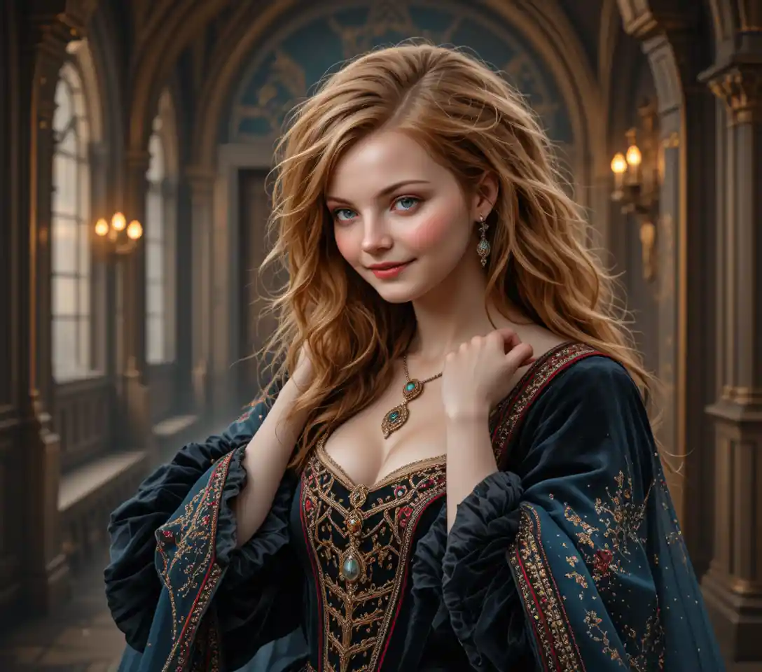 Elegante mujer medieval en un lujoso salón gótico