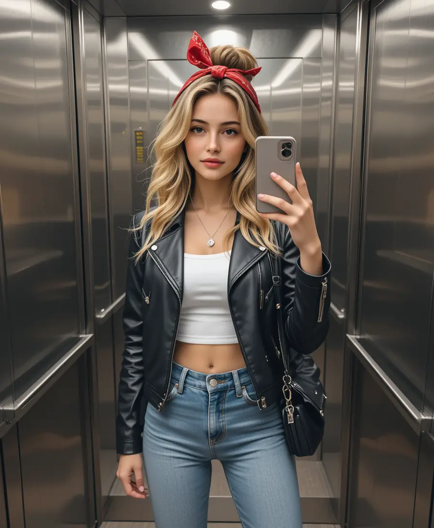 Stylish woman taking a mirror selfie in an elevator