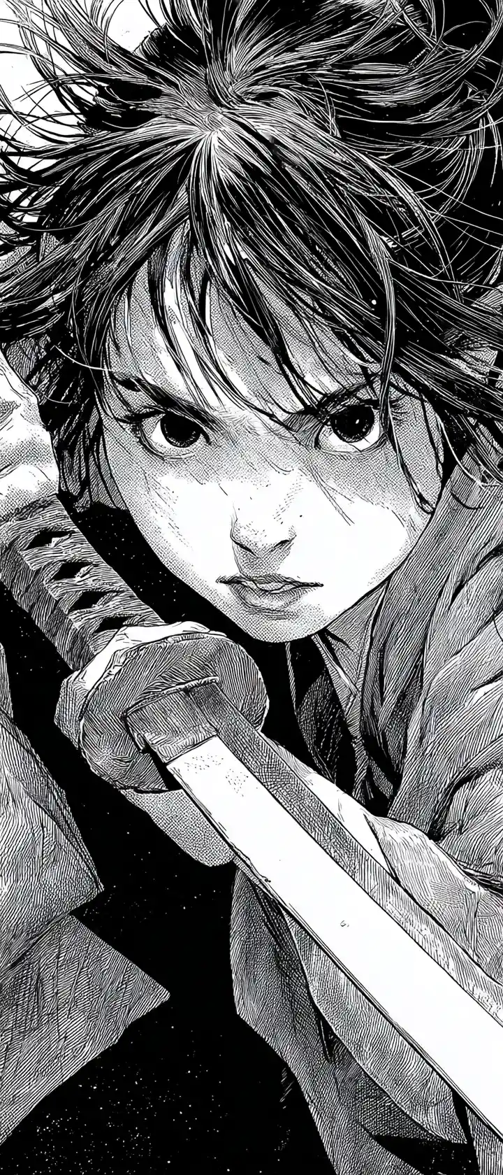 Fierce samurai woman kneeling with katana in manga ink style