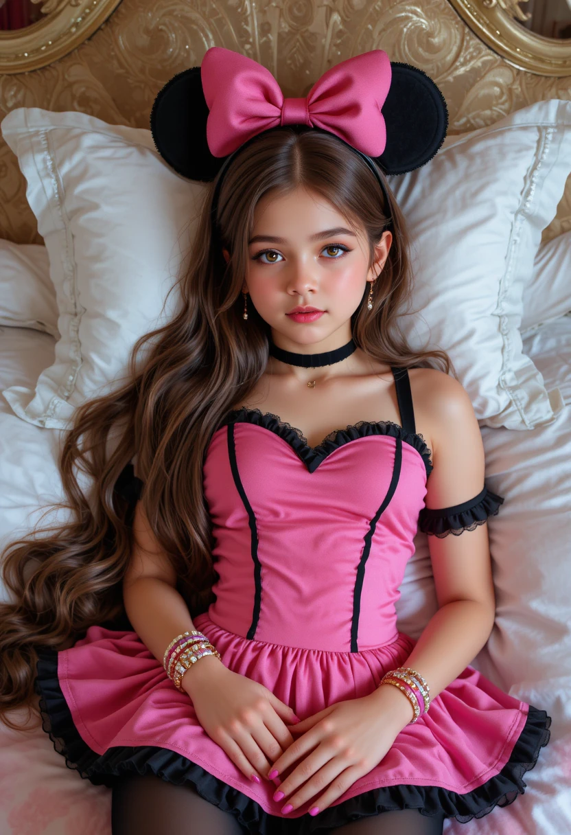 Menino pré-adolescente de vestido da Minnie Mouse descansando em cama com dossel de hotel