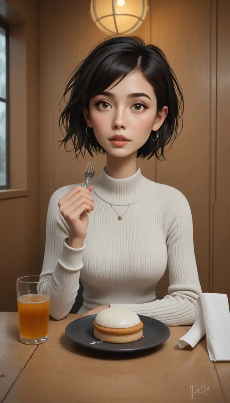 Joven asiática comiendo postre en un restaurante acogedor