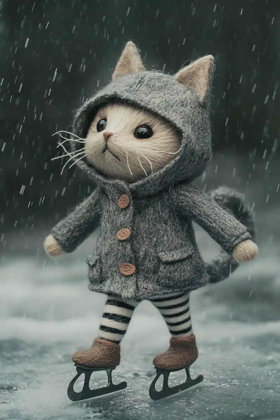 Cute felted cat ice skating in the heavy rain