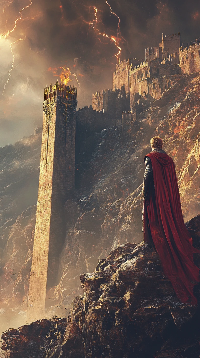 Roi sur une falaise face à une forteresse fantastique sous la tempête