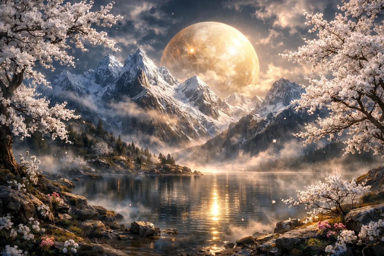 綻放白色樹木與明月的超現實山中湖泊