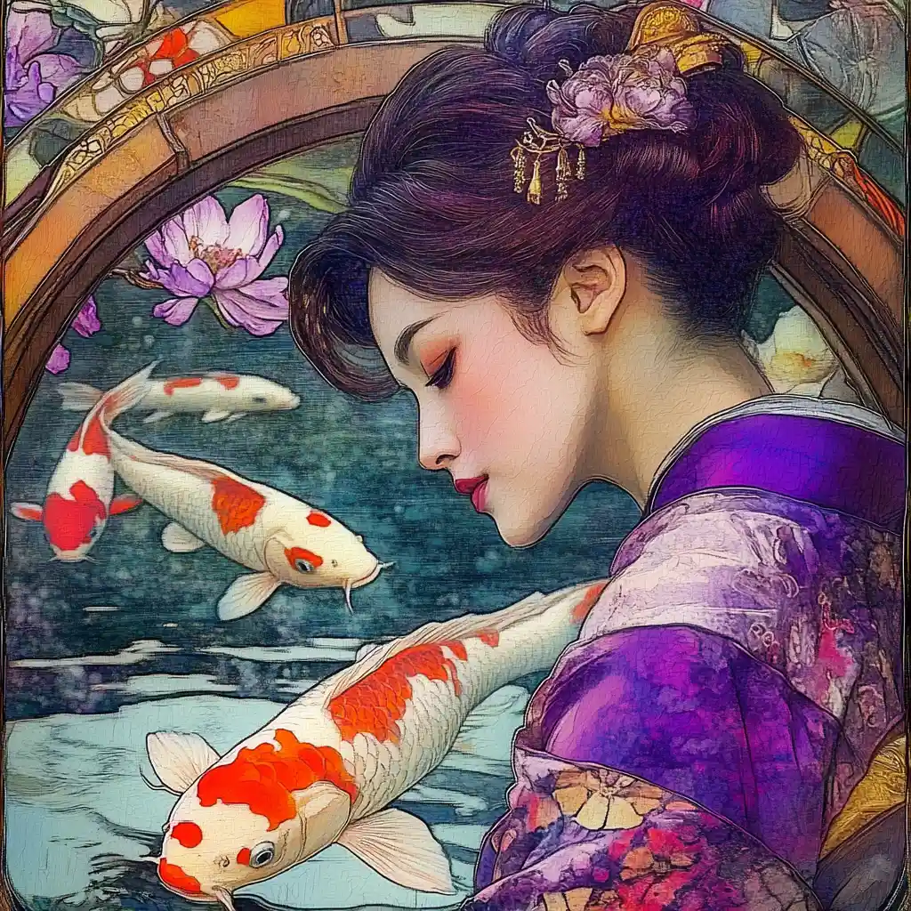 Gelassene japanische Frau auf Gartenbrücke mit Koi-Teich