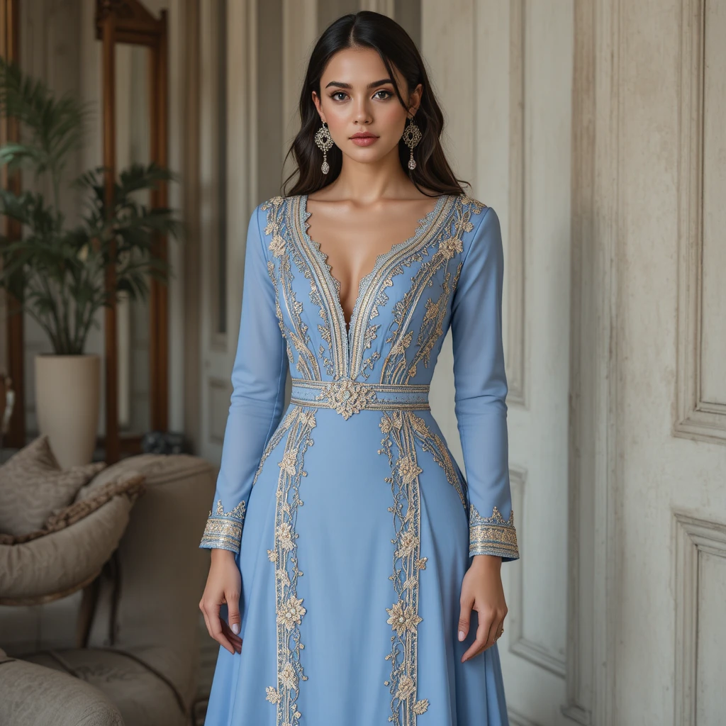 Blue and beige morning dress for a curvy figure