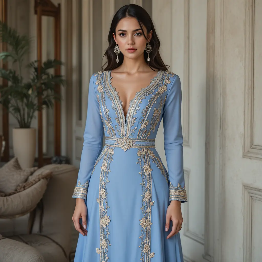 Blue and beige morning dress for a curvy figure
