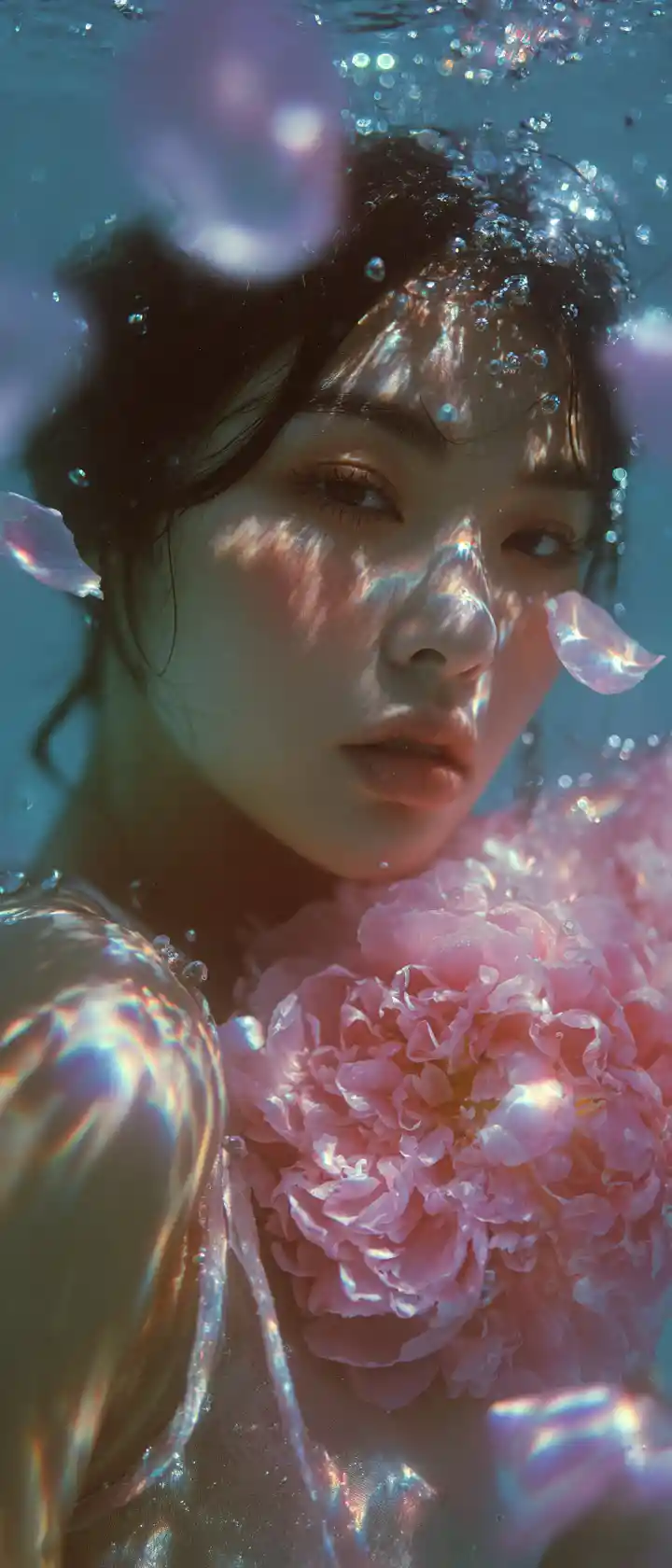 Asiatische Frau unter Wasser mit rosa Pfingstrosen und schwebenden Blütenblättern