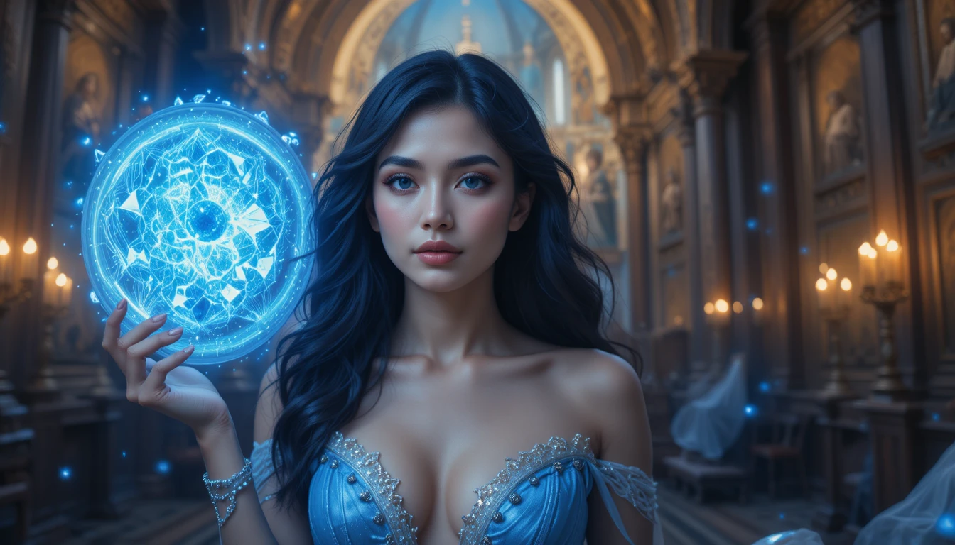 Ätherische Göttin mit blauer magischer Sphäre im Tempel