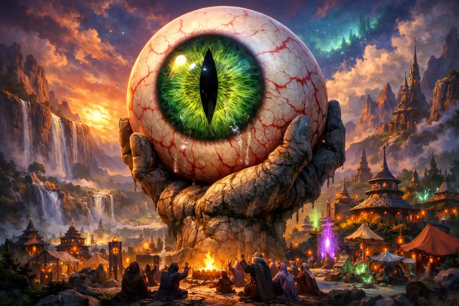 Giant stone hand holding a wet green eye over village
