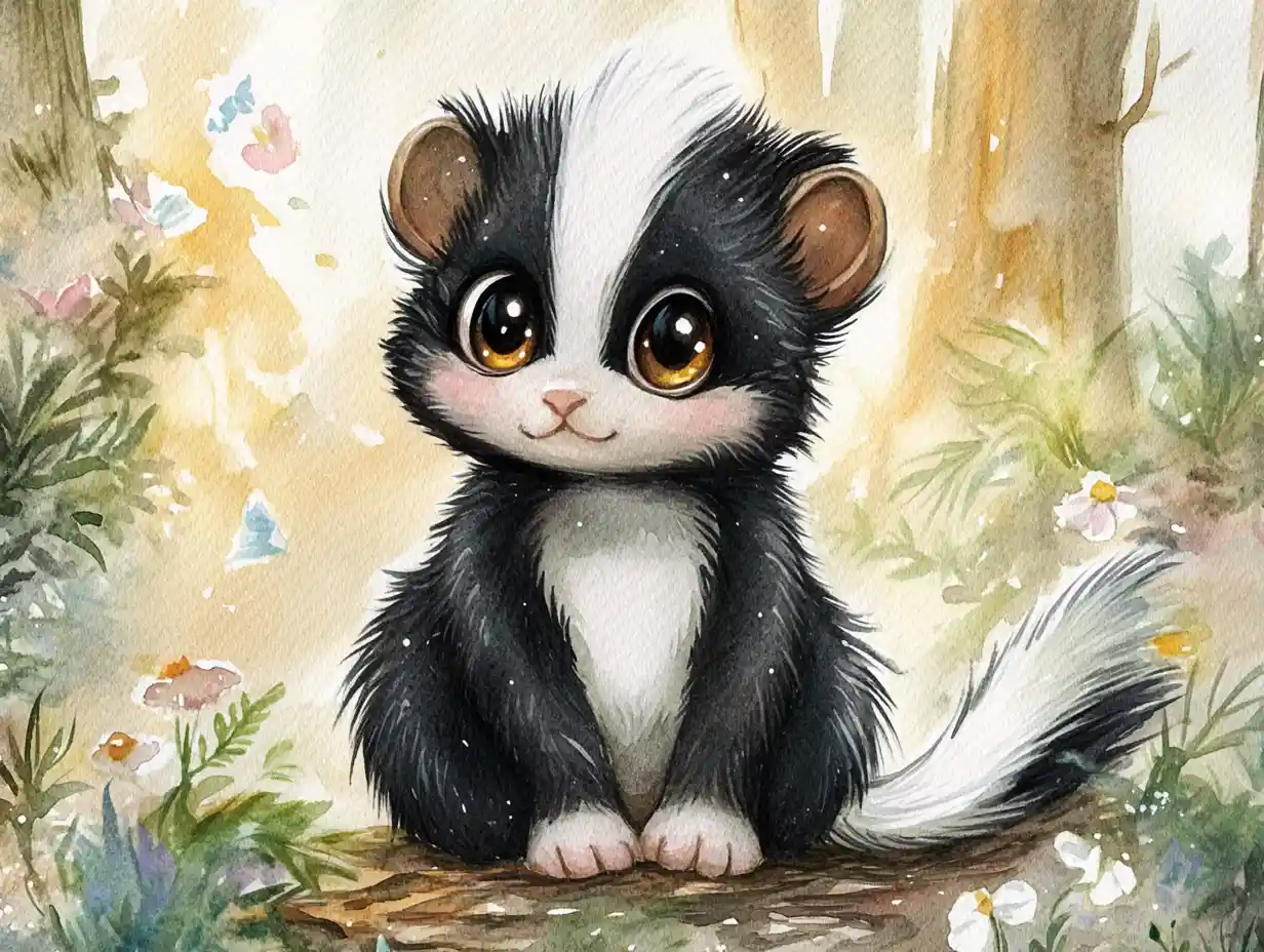 Aquarell-Illustration eines Baby-Stinktiers im sonnenbeschienenen Wald
