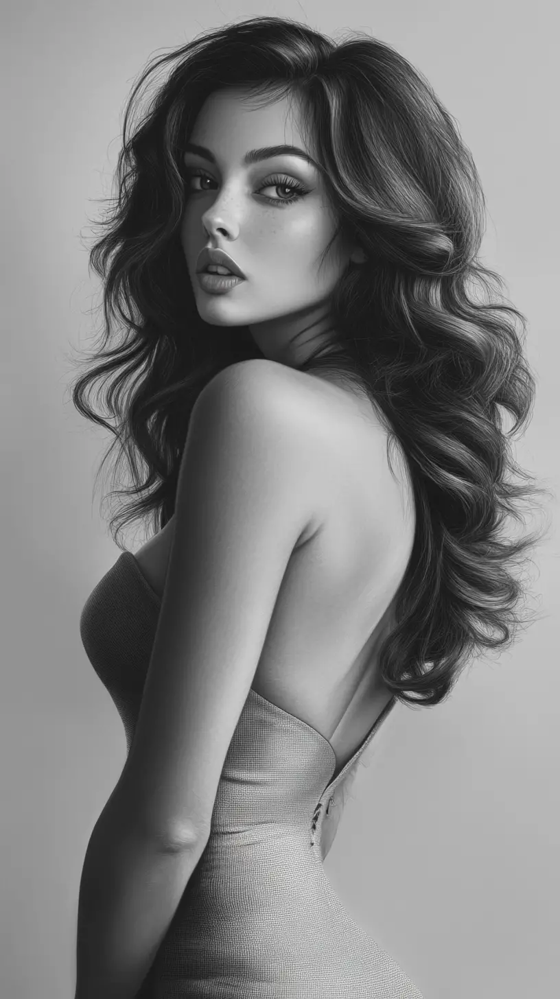 Donna elegante in scala di grigi con lunghi capelli ricci
