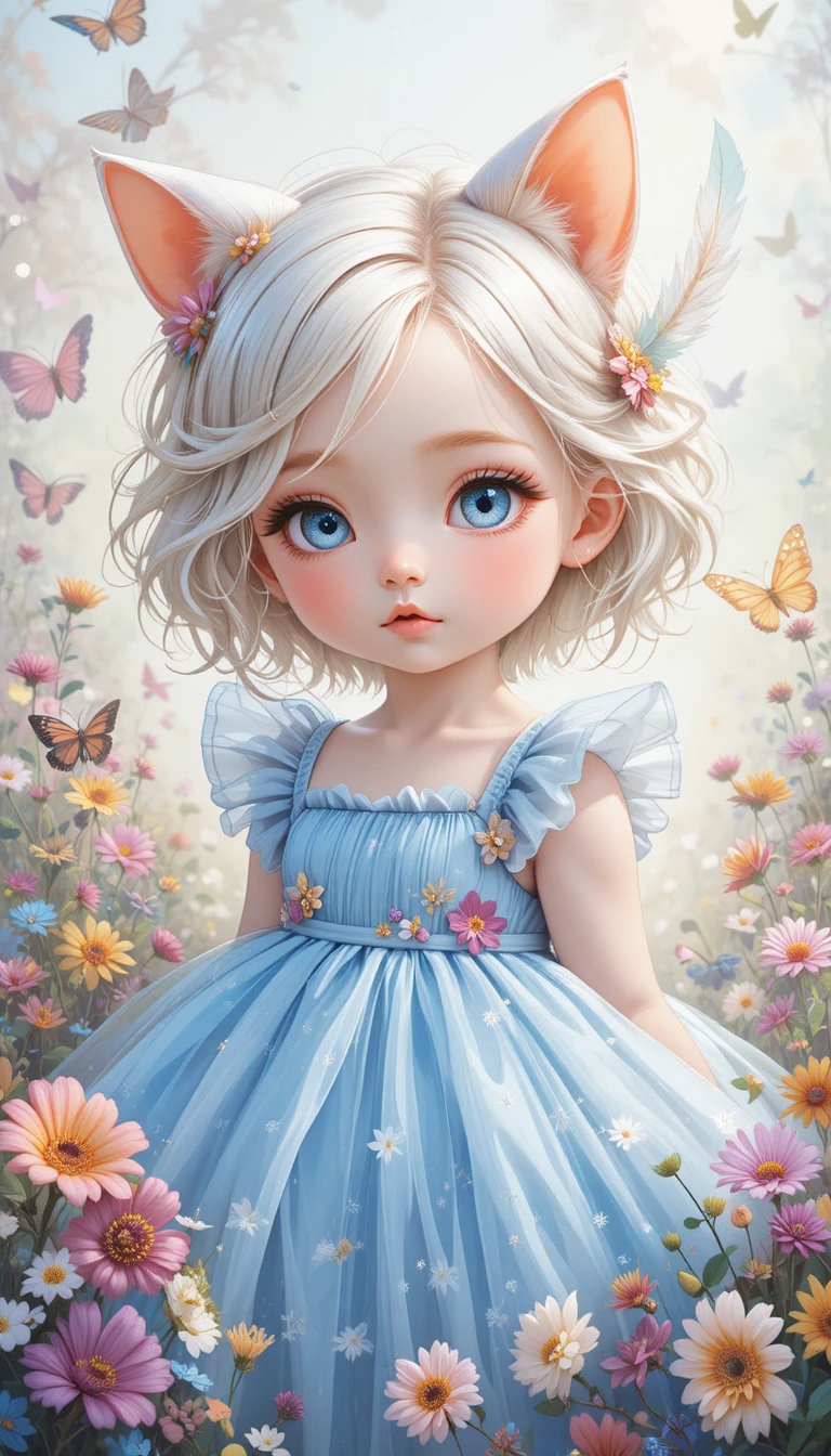 Cute white haired cat eared baby in blue dress with butterflies