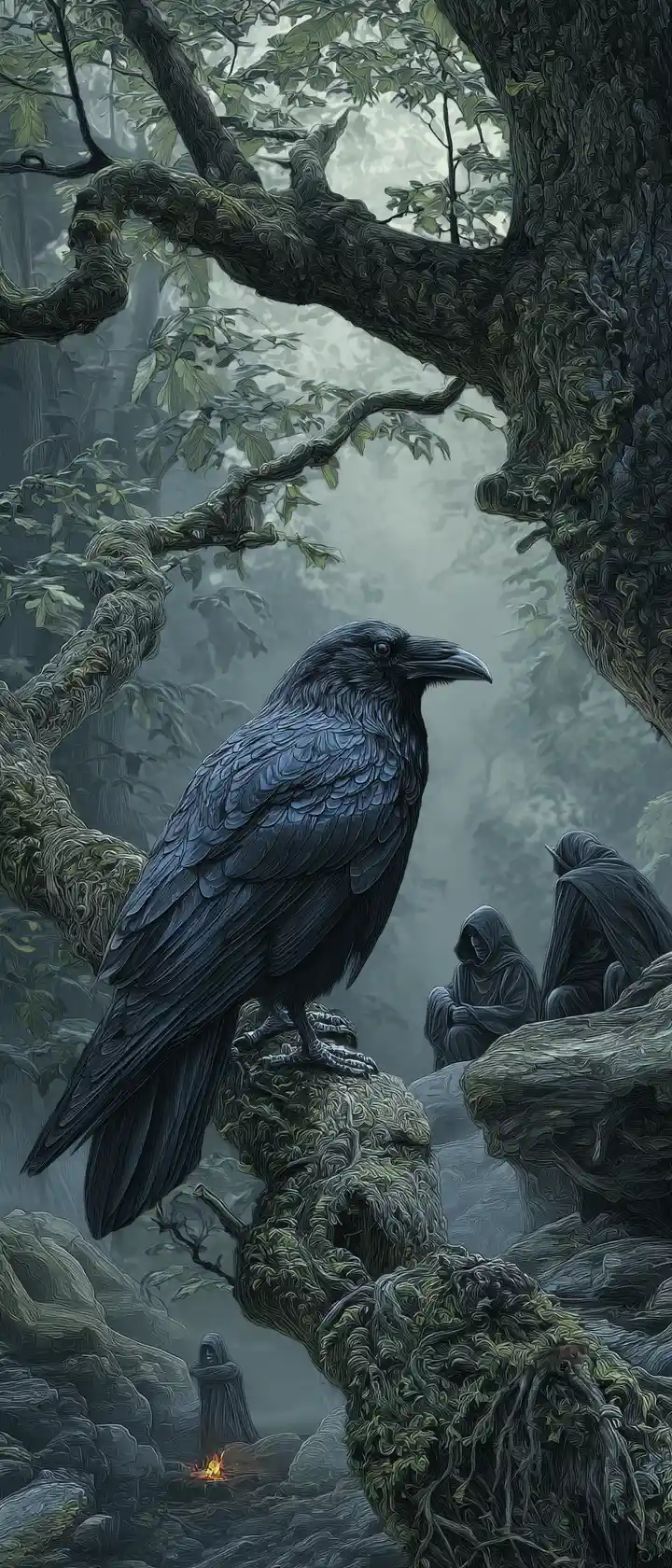 Corvo negro em uma árvore ancestral em uma floresta sombria