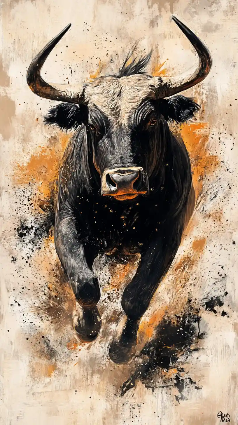 Toro español embistiendo en ilustración dinámica de técnica mixta