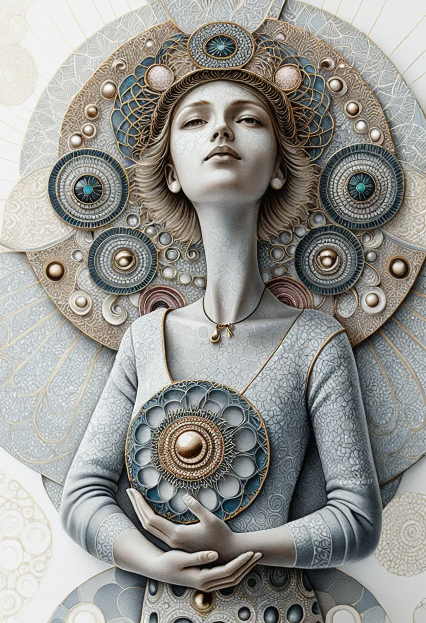 Figura feminina serena em relevo sagrado de mandala ornamentada