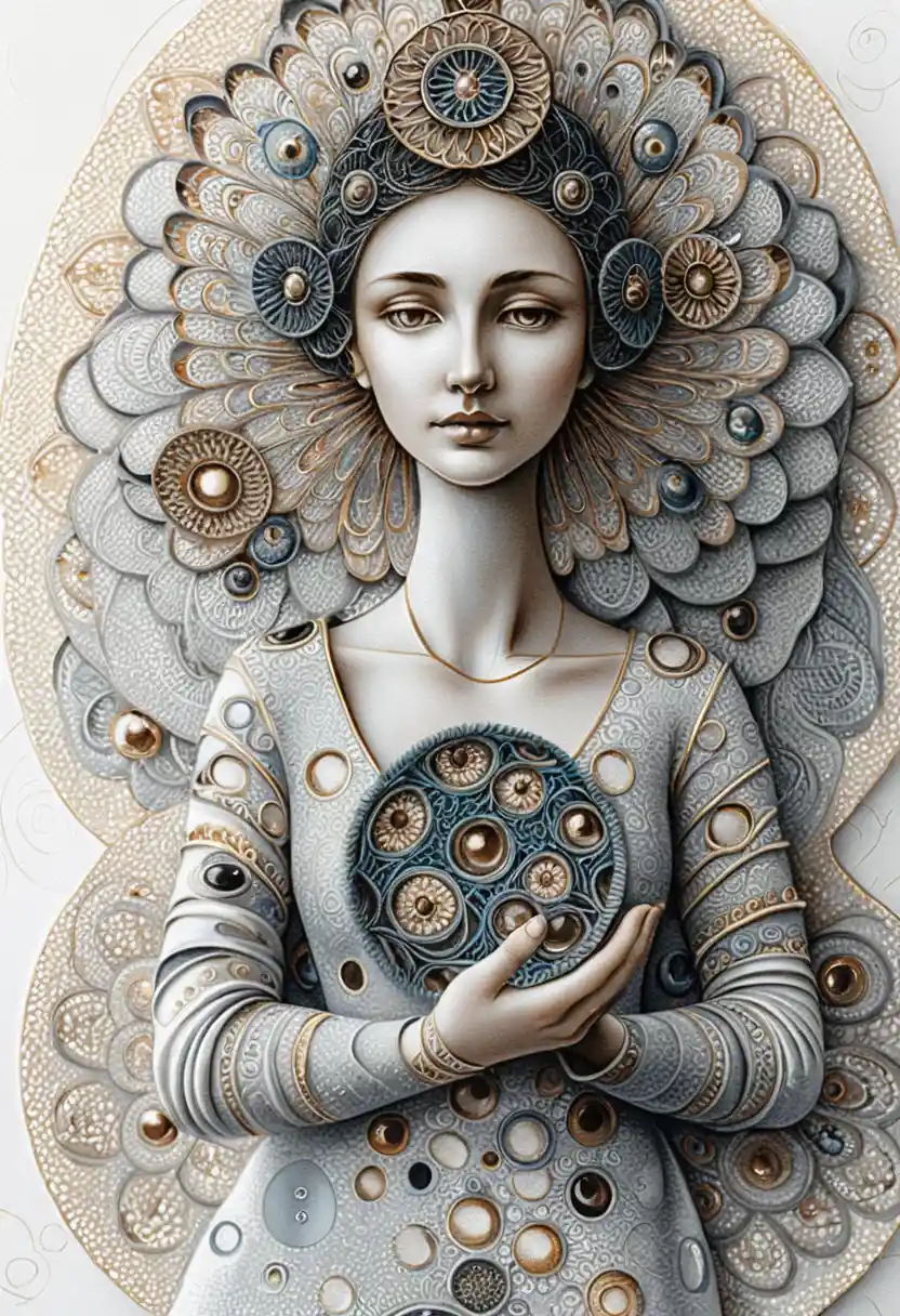Figura feminina serena em relevo de mandala ornamentada