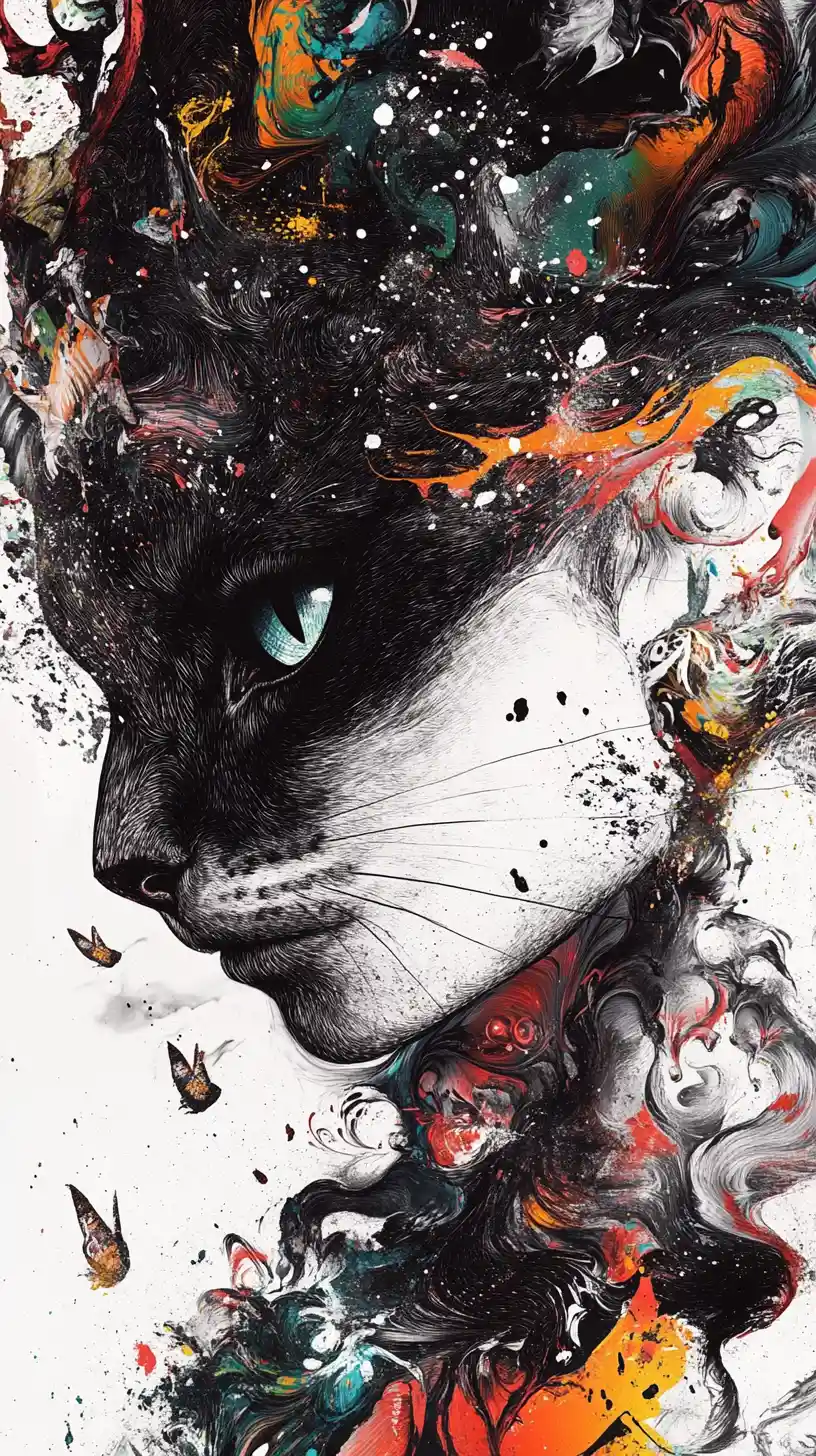 Elfa surreal se transformando em gato em meio a tinta em redemoinho