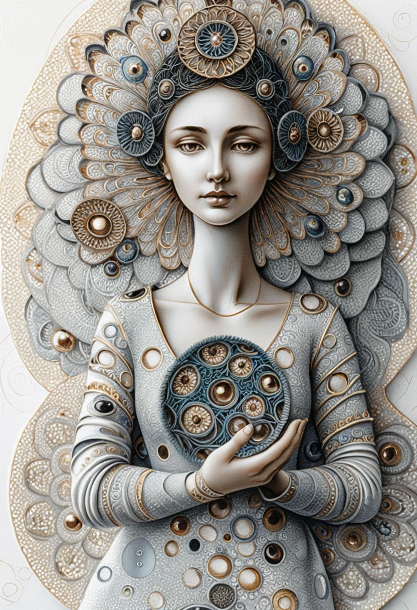 Figura feminina serena em relevo de mandala ornamentada
